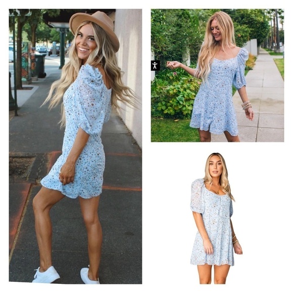 NWT BUDDY LOVE Blue Jennifer Puff Sleeve Star Print Mini Dress XS Starbright - Picture 1 of 14